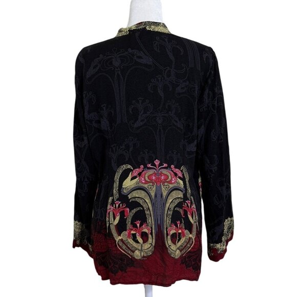 Citron Santa Monica Silk Top Button-Up Black Red Print Long Sleeve Womens Size L - Picture 3 of 5